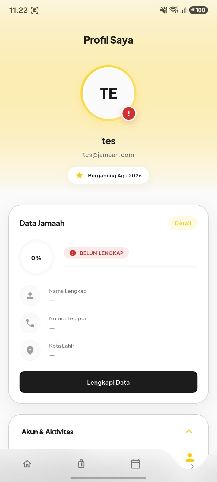 Halaman Profil Saya dengan indikator kelengkapan data 0 persen Belum Lengkap dan tombol Lengkapi Data