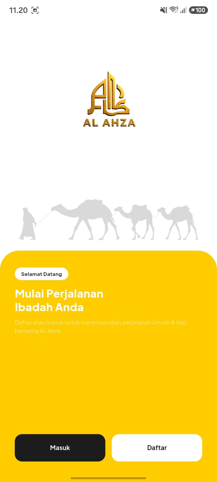 Splash screen aplikasi dengan logo Al-Ahza dan tombol Masuk serta Daftar
